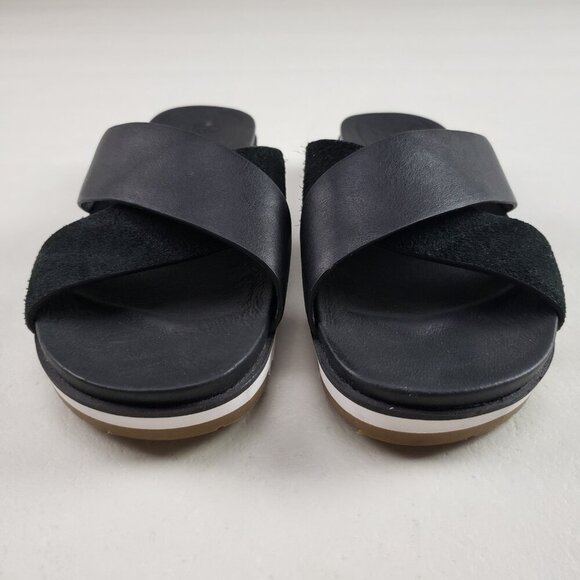 Ugg Kari Leather Slide Sandal Womens 7.5 Black Slip On Open Toe Crisscross Strap - Picture 3 of 10